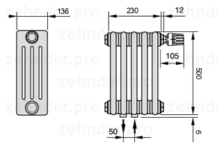 Схема (чертеж) Радиатор Zehnder Charleston 4050/5 №V008 Белый глянцевый RAL 9016
